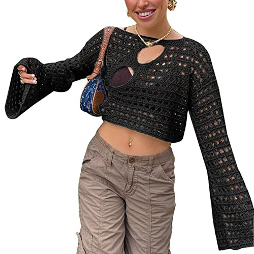 ZZLBUF Women's Hollow Out Crochet Knit Sweater Crop Tops Long Sleeve Sweater Cropped Jumper Cover Up Pullover Tops Y2K Streetwear (01-Black,XL)