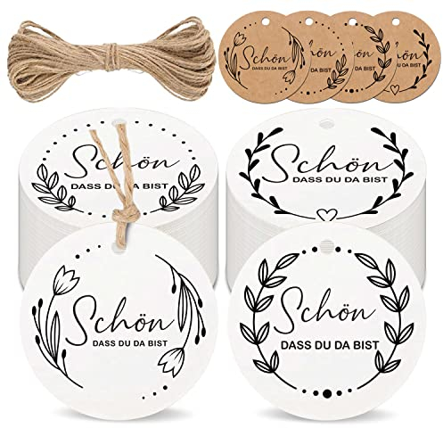 Biroyal Geschenkanhänger, 5cm SCHÖN DASS DU DA BIST Etiketten Anhänger, 100stk. Geschenkanhänger mit 50cm Jute Schnur für Handmade Hochzeit Weihnachten Zufällige Lieferung in Weiß oder Kraftpapier