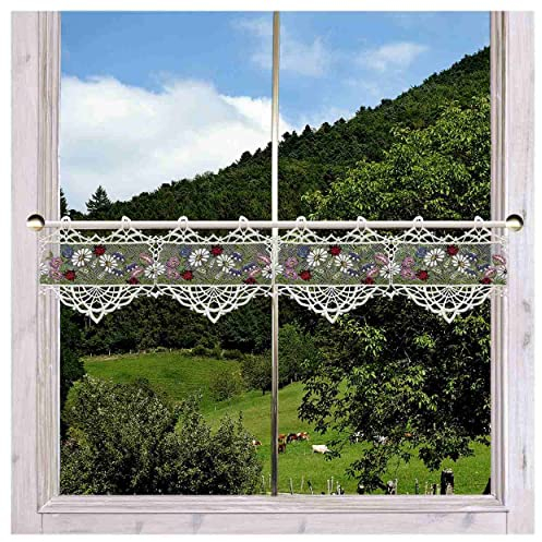 Feenhaus-Scheibengardine Blumenwiese pastell mit kleinem Marienkäfer gestickt aus Vogtländischer Spitze | Sommer-Scheibenhänger mit Margariten, Glockenblümchen, rosa Blüten Höhe x Breite 17 x 72 cm