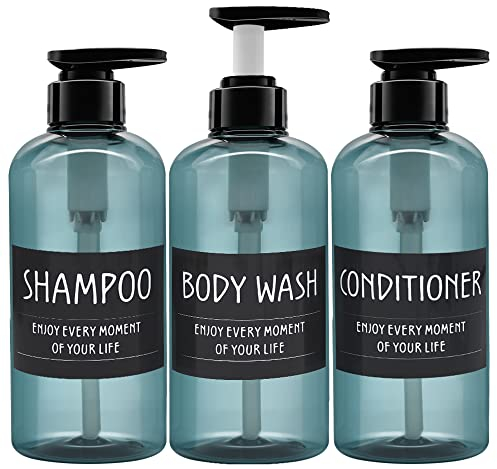 3er Pack 500ml Shampoo Flasche Pumpe Spender mit Etikett, Leere Plastik Seifenspender Flasche mit Pumpe für Bad, Küche oder Hotel, Nachfüllbarer Flüssigkeitsspender für Lotion, Duschgel und Spülung