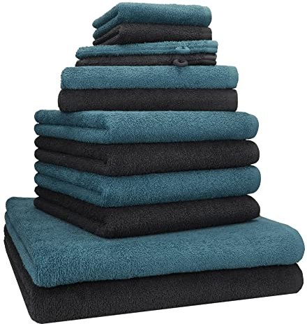 Betz 12 TLG. Handtuch Set Berlin 100% Baumwolle 2 Liegetücher 4 Handtücher 2 Gästetücher 2 Seiflappen 2 Waschhandschuhe Farbe Graphit - taubenblau