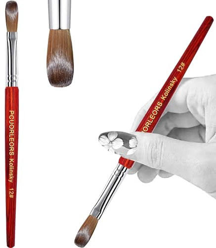 PCAORLEORS Kolinsky Acrylique Nail Art Brosse avec Manche en Bois Rouge pour Vernis à Ongles et Plat Gel Brosse pour Application Acrylique (#12)