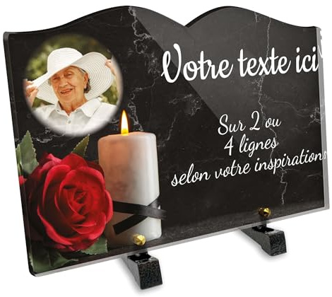 OCAP-FUNERAIRE.COM Grabschild Buch mit Foto personalisiert aus Plexiglas, Motiv Kerze und rote Rose, verschiedene Größen, Dicke 6 mm, personalisiert auf mehrere Linien, 30 x 20 cm