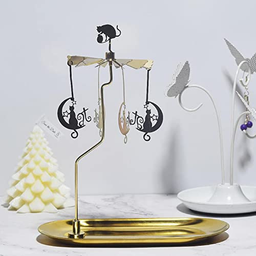 Rotierender Kerzenhalter,Golden Teelicht Karussell,Metall Kerzenständer,Karussell Kerzenständer mit Großem Tablett,drehbare Laterne Teelichthalter für Zuhause/Party/Hochzeit/Tischdeko (Mondkatze)