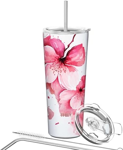 THILY Vakuumisolierter Becher aus Edelstahl Reisebecher, 26-Unzen-Kaffeetasse mit 2 Deckeln und Strohhalmen, spritzwassergeschützt, hält Eisgetränke kalt, Kirschblüten