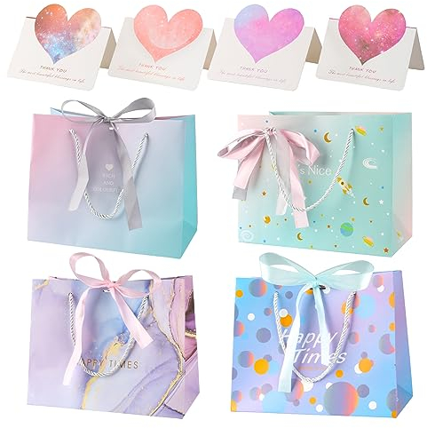 4 Stück Geschenktüten mit Henkel und Schleifenbändern, 25x20x12.5cm Geschenktasche, Geschenktüte Geburtstag Geschenktüte aus Papier für Hochzeit, Party, Babyparty, Geburtstagsfeier