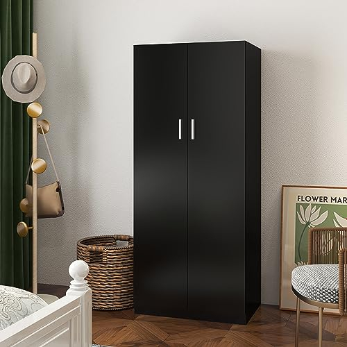Wooden 2 Door Wardrobe with Shelf and Hanging Rail Modern Clothes Storage Cupboards Unit for Bedroom Furniture W 72 x D 49 x H 169 cm (Black)