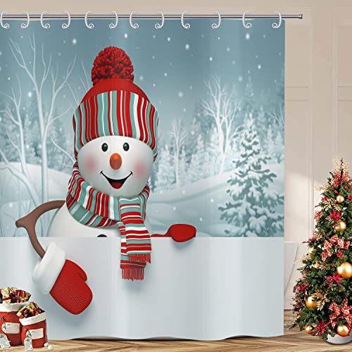ASDCXZ Tenda da doccia natalizia, 180 x 180 cm, grazioso cappello rosso, pupazzo di neve, sci, paesaggio nevoso, bagno, lavabile, in poliestere, impermeabile, tenda da doccia per vasca da bagno con 12