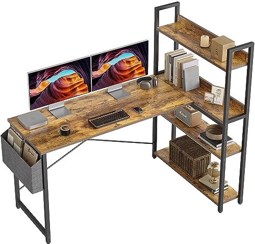 CubiCubi Schreibtisch mit Regal,Eckschreibtisch für Heimbüro,Kleiner L-förmiger Computertisch mit Ablagefächern,Bürotisch mit Aufbewahrungstasche, 140cm Braun.