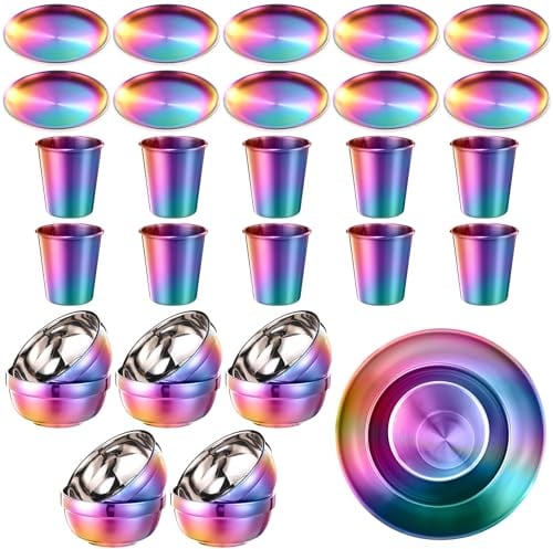 Layhit 30 Pcs Rainbow Stainless Steel Dinnerware Set Include Set of 10 Plates Bowls Cups Iridescent Cooking Tableware Reusable Metal Dishes Cutlery Bulk for Camping Picnic Kitchen (Layhit-SHU1107)