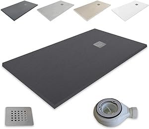 Outletaseo Atlantic Duschtasse aus Harz, rutschfest, Schiefertextur, alle Größen erhältlich, inklusive Ablaufventil und Gitter (160 x 80, Ral 9005)