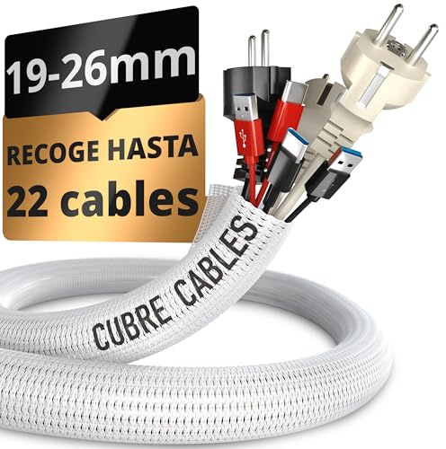 Cubre Cables 6m Gran Capacidad 19-26 mm-Autocierre Antimascotas-Flexible Cortable-Oculta Organiza Cables-Instalación Fácil-Recoge Cables Escritorio TV Oficina Gaming-Pared Orden PC Hogar Salón-Blanco