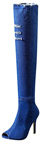 Tacco primavera sopra il ginocchio e alte donne stivali stivali stivali jeans stretti moda alta autunno punta tacco aperto Gli stivali donna plateau donna 44, Blu, 39 EU