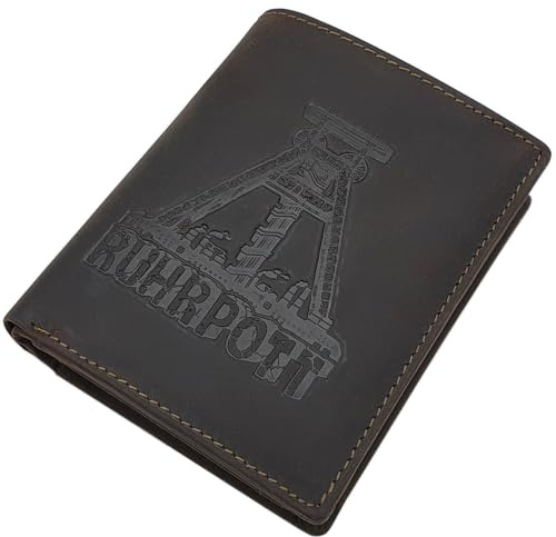 myledershop Büffel-Vollleder Geldbörse (Modell 1 / Hochformat/Braun) | RFID & NFC Schutz, Ruhrpott-Motiv, Geldbeutel, Portemonnaie, Geldtasche