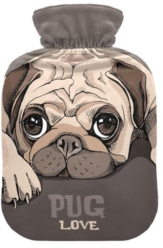 Wärmflasche mit süßem Mops, weich, warm, für Winter, Bett, Hand, Hals und Schultern, 2 l, Kaffeebraun