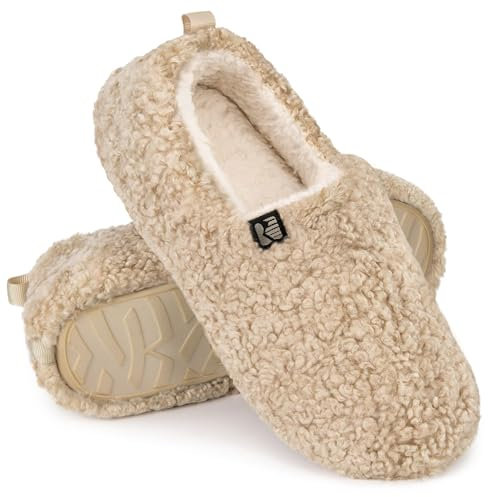 RockDove Damen Pantoffeln Puff-Ease Kunstfell Geschlossene Rücken Hausschuhe, 38 EU, Beige