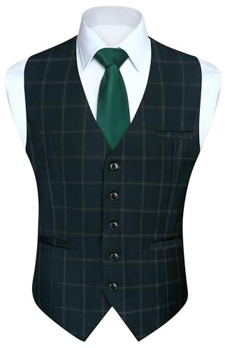 HISDERN Manner Gilet de fête de mariage formel en coton Plaid Robe Costume Gilet pour homme, Vert 3, 3XL