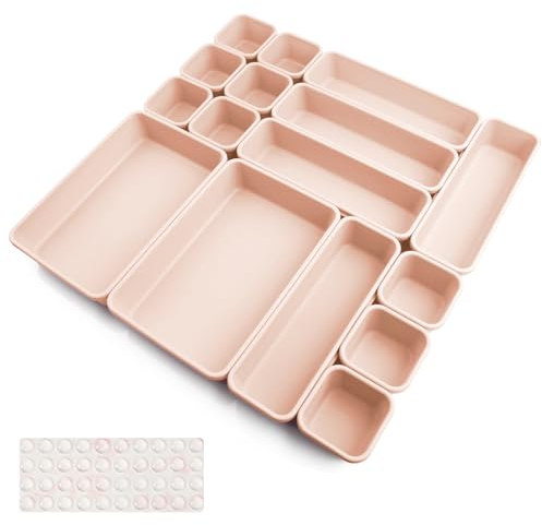 16 Stück Schubladen Organizer Schublade Trenner Bad Organizer Boxen Set mit 40 Silikon-Anti-Rutsch-Kugel Hemnes Kommode Küche Schreibtisch Utensilien (Rosa)
