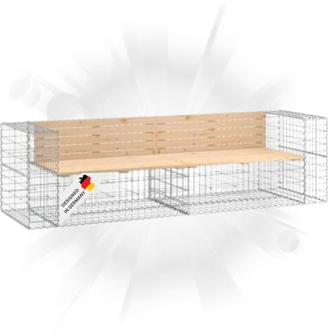 DELUKE Gartenbank Gabionen INO aus Stahl | 244x71x65,5cm Kiefernholz Natur | Gabionenbank Gartenbank mit Sitzfläche aus Gabionen Steinkorb Gabionengitter Ziergabione Drahtkorb befüllbar