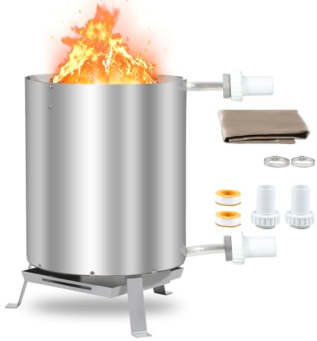 Fiqops Brennholz Poolheizung, Poolheizung mit Feuer, Poolheizung Feuertonne, Edelstahl Pool beheizt Feuer Eimer 32/38mm Anschlüsse, 100% rostfreier Edelstahl mit Feuerfeste Matte und Tablett