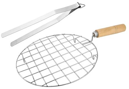 BishtHub Drahtbräter mit rundem Holzgriff und Kochzange aus Chimta-Stahl, Roti, Papad, Jali, Roti, Grill, Jali-Bräter, Küchenwerkzeug, Kombi-Set, 2 Stück (1 Bräter + 1 Zange)