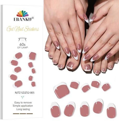 EBANKU Semi Cured Gel Nail Strips, 24PCS Gel Nail Stickers 28PCS Pedi Gel Nail Wraps Long Lasting- Easy to Apply & Remove for Salon-Quality Pedicure| French White A