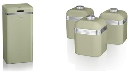 SWAN SWKA4500GN Retro Kitchen Bin with Infrared Technology, Square, 45 Litre, Green & SWKA1020GN Retro Set of 3 Canisters, 1 Litre, Green