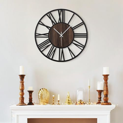 HAITANG 13.5 Wall Clocks,Silent,Non Ticking,Battery Operated Small Vintage Round Modern Wood Wall Clock for Living Room, Bedroom,Kitchen,Farmhouse,Office Wall Decor(Black Roman Number)