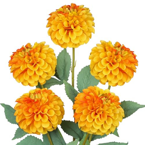 Hollyone Artificial Pompon Dahlia Flowers, Set of 5 | 24.8 Tall Silk Dahlia Stems with 4.7 Blooms, Orange Fake Flowers for Home Decor, Centerpiece, Wedding, Living Room, Floral Arrangements