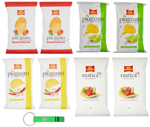 8 confezioni di test San Carlo Più Gusto Patatina, peperoni + lime e pepe rosa + pomodori ciliegia – patatine patatine, 6 x 150 g + Rustica 2 x 300 g + portachiavi Beni Culinari