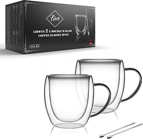 LIBWYS Lot de 2 tasses à café en verre à double paroi de 250 ml avec 2 cuillères, tasses à cappuccino, latte, thé avec poignée, résistant à la chaleur