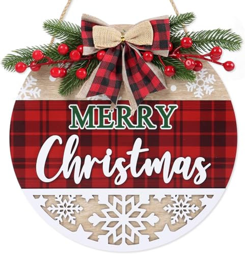 CHDITB Merry Christmas Front Door Wreath,3D Christmas Sign,Wooden Welcome Xmas Wall Wreath,Red Xmas Wreath Hanger Decorations,Red Plaid Snowflakes Rustic Wall Decor for Home Winter Party