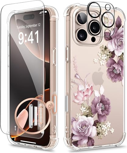 GVIEWIN Compatible with iPhone 16 Pro Max Case,[Camera Control Button] with Screen Protector&Camera Lens Protector,Shockproof Drop Protection Anti-scratch Clear Floral Cover Women,Cherry Blossoms