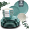 18-Piece Dinnerware Set - Bowl and Plate Set - Stoneware Dining Set for 6 People - Dishwasher and Microwave Safe - Grooved Dining Service in Green