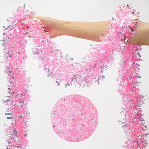KINGLAKE Christmas Tinsel Garland, 10M x 9CM Pink Xmas Shiny Iridescent Tinsel Garland Decorations, Christmas Metallic Chunky Tinsel Thick for Decorations Xmas Tree, Party, Home