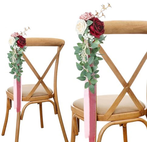 Roahosy Hochzeit Gang Dekorationen 6er Set Burgunderrot Kirche Blumen Stuhl Dekor Gang Blumen Hochzeit Stuhl Rücken Blumenarrangements für Hochzeitszeremonie Kirche Party Dekor