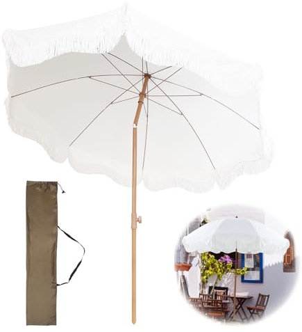 Boho Strandschirm 2m mit Neigung und Fransen für Outdoor Terrasse UV50+ Schutz und Wasserdicht Tragbar Sonnenschirm mit Tragetasche für Deck Pool und Balkon Urlaub Strand Sonnenschirm