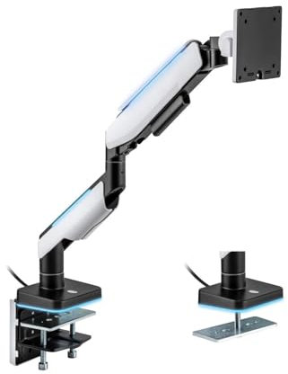 electriQ Premium Gaming Single Monitor Arm with RGB Lighting – Adjustable Desk Mount for 17–49” Monitors, Full Motion Tilt Swivel Rotation, VESA 75x75/100x100, Cable Management - Matte Black & White