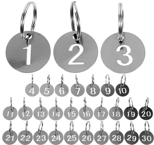 CALLARON 30Pcs Key Rings with Tags, Round Stainless Steel Numbered Tags, Number 1-30, Metal ID Tag for Keys Lockers & Hotel Use, Hollow Etched Numbered Keyrings