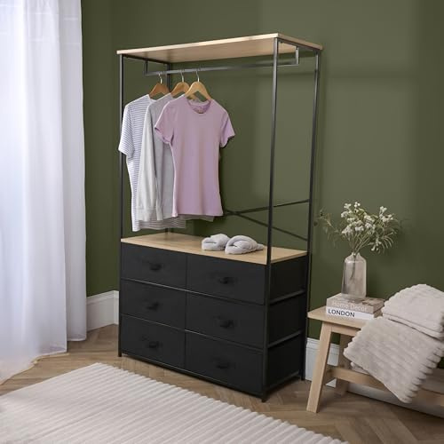 OHS Brooklyn 6 Chest of Drawers Fabric Cabinet with Hanging Rail, Storage Unit Organizer Stylish Sturdy Frame 6 Canvas Drawers For Bedroom Closets Office, Black