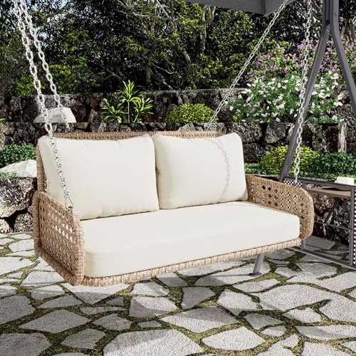 Jaxenor Hängeschaukel Outdoor für Garten, Terrasse, Balkon, Hängebank Outdoor mit Kissen und 2 Ketten, 2-Sitzer Rattan Gartenschaukel, Garten Schaukel, Ohne Rahmen, Beige