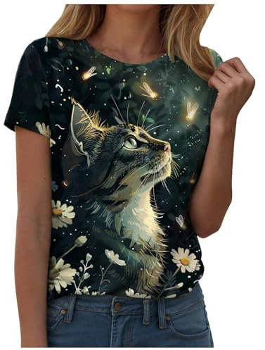 Générique Kurzärmliges Damen-T-Shirt mit Rundhalsausschnitt, Motiv: Katze, Vintage, Ölgemälde, kurzärmelig, Dunkelgrün., Large