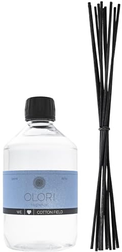 Luxus Raumduft Cotton Field Nachfüller inkl. 10 Rattan-Stäbchen mit ätherischen Ölen - Extra langanhaltende Formel - Nachfüllflasche mit Duftstäbchen (500ml Duft blumig, fruchtig, ozonisch, frisch)