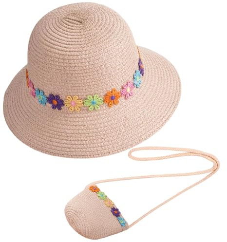 REYOK Chapeau de Soleil pour Filles Mini Sac de Paille, Petit Sac avec décoration de Fleurs Chapeaux de Paille de Plage d'été Chapeau de Soleil pour activités de Plein Air