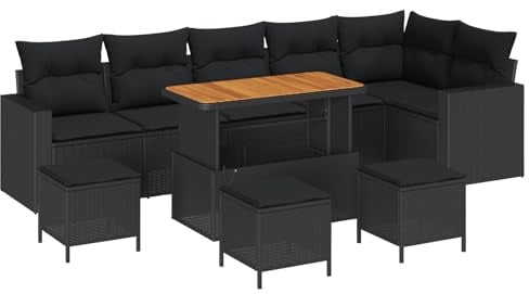 vidaXL Garten-Sofa-Set 10 pcs Schwarz Poly-Rattan, Garten und Terrasse, modernes Sofa Set, wetterfest, Bequeme Sitzgelegenheiten, Akazienholz, Rattan-Möbel
