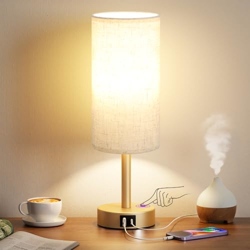 Aooshine Bed Side Lamp, Touch Lamp with USB-C+A Charging Ports, Gold Base(Bulb Included)