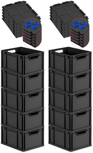 PROREGAL SparSet 10x Eurobox NextGen Grip mit Auflagedeckel & 4 blauen Schiebeschnappverschlüssen, HxBxT 22x30x40cm, 20L, Schwarz, Griffe offen, Eurobehälter, Transportbox, Transportbehälter