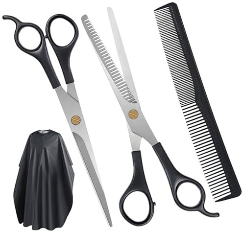 Beugo Haarschere Set mit Friseurumhänge, Friseurschere, Effilierschere Kamm | Umhang Friseur, 2 Haarschneideschere Set, Thinning Scissors, Ausdünnschere für Damen Herren Kinder Friseursalon (Schwarz)