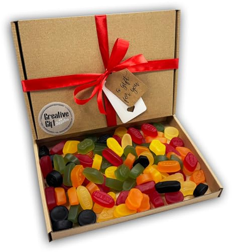 Wine Gums Sweets Gift Box Hamper For Any Occasion (Brown Box, Red Ribbon)