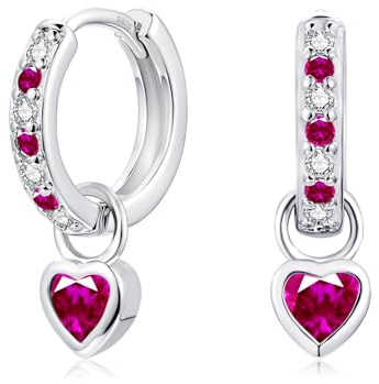 Lynizo Ohrringe Silber Hängend, Klein 925 Sterling Silber Mädchen Creolen | Süß Herz Kinder Creolen Ohrhänger mit Grün Rosa Aquamarin Lila Fuchsia Zirkon,12mm Damen Hypoallergen Schlafen Hängeohrringe